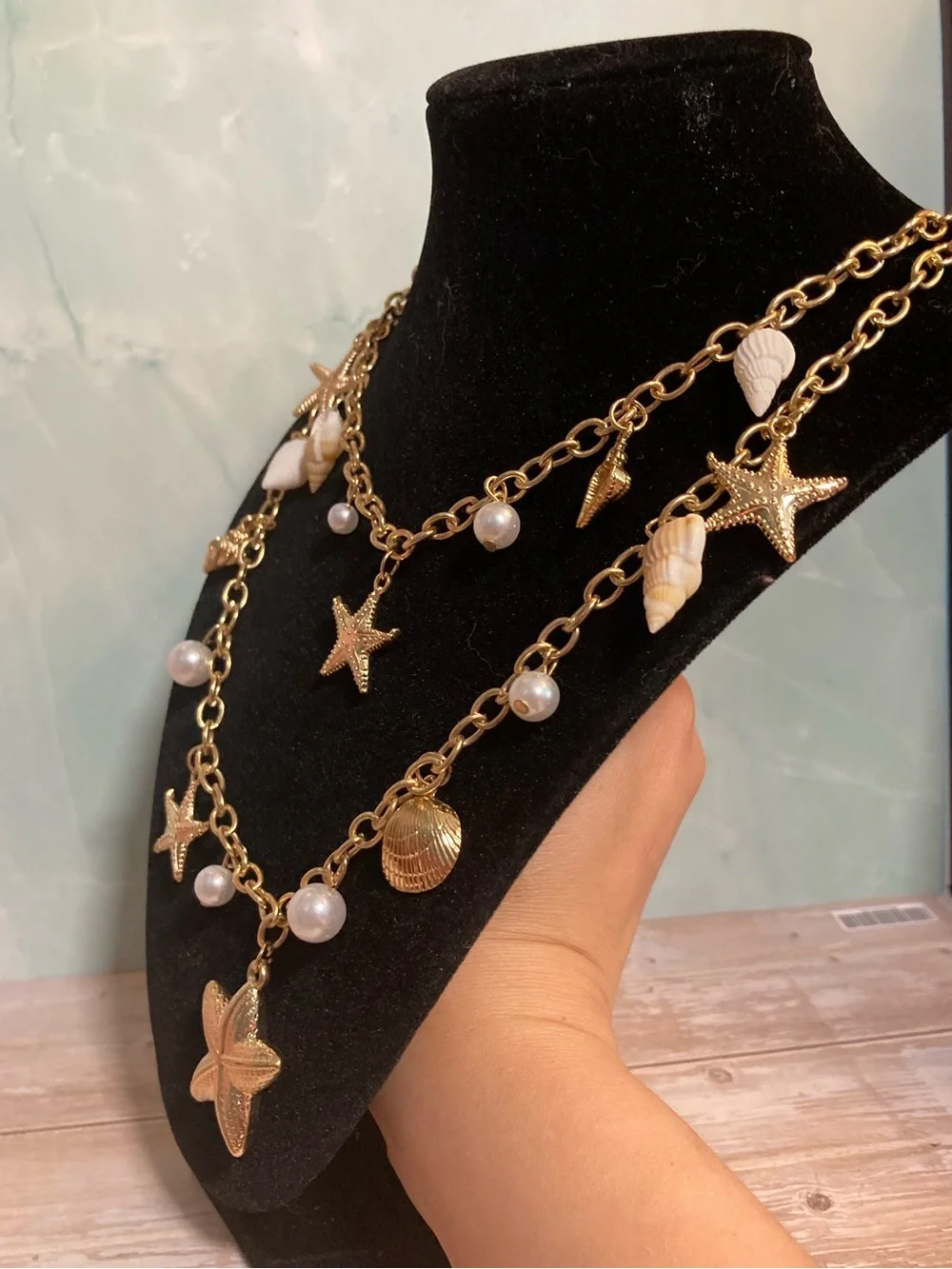 Gold Toned Seashell & Starfish Layered Necklace with Pearls